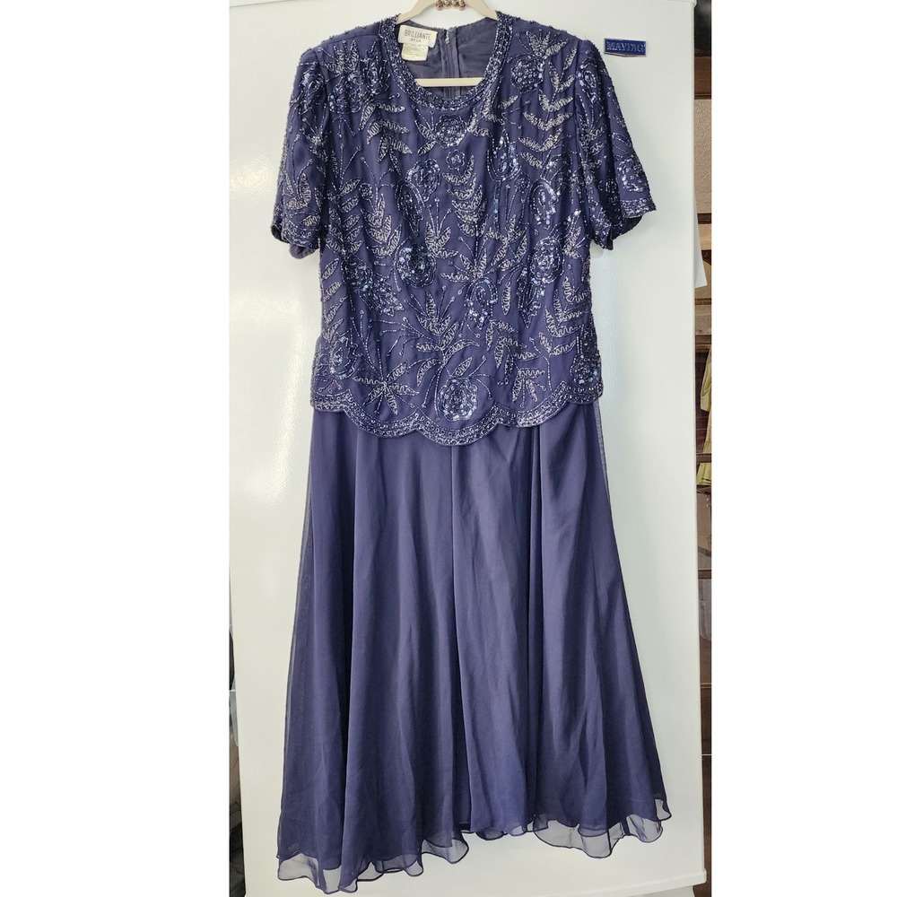 Brilliante by J.A. Navy Blue Beaded Sequin Floral Evening Gown Size 1X